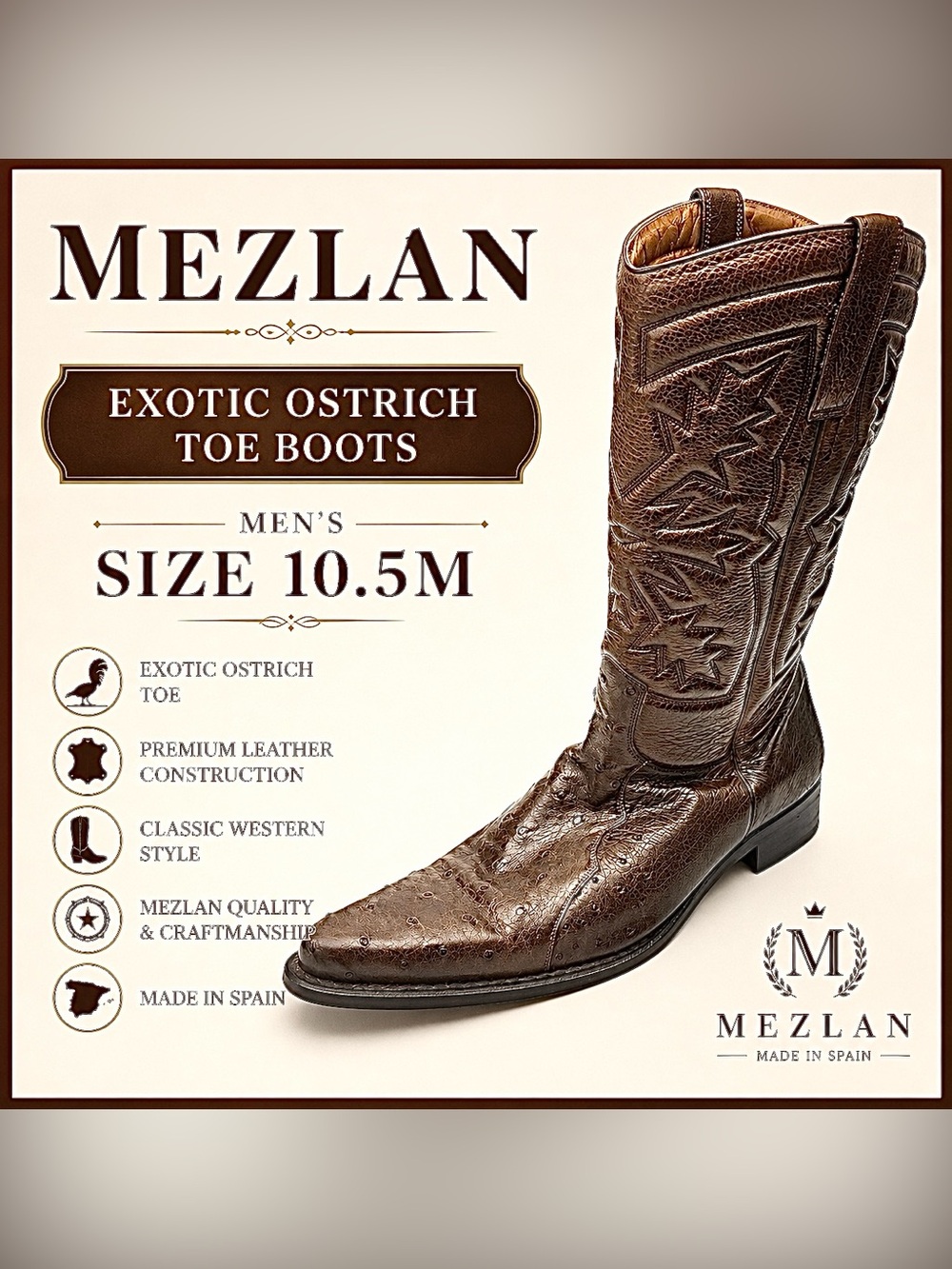 Mezlan Men’s Exotic Brown Ostrich Pointed Toe Boots Size 10.5M Slip-On Luxury